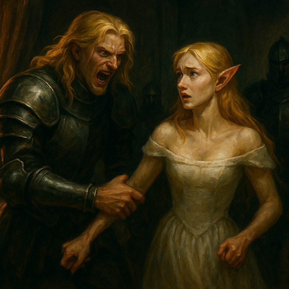 Elgor chwyta księżniczkę Hylję w komnacie, rycerze stoją gotowi do uprowadzenia