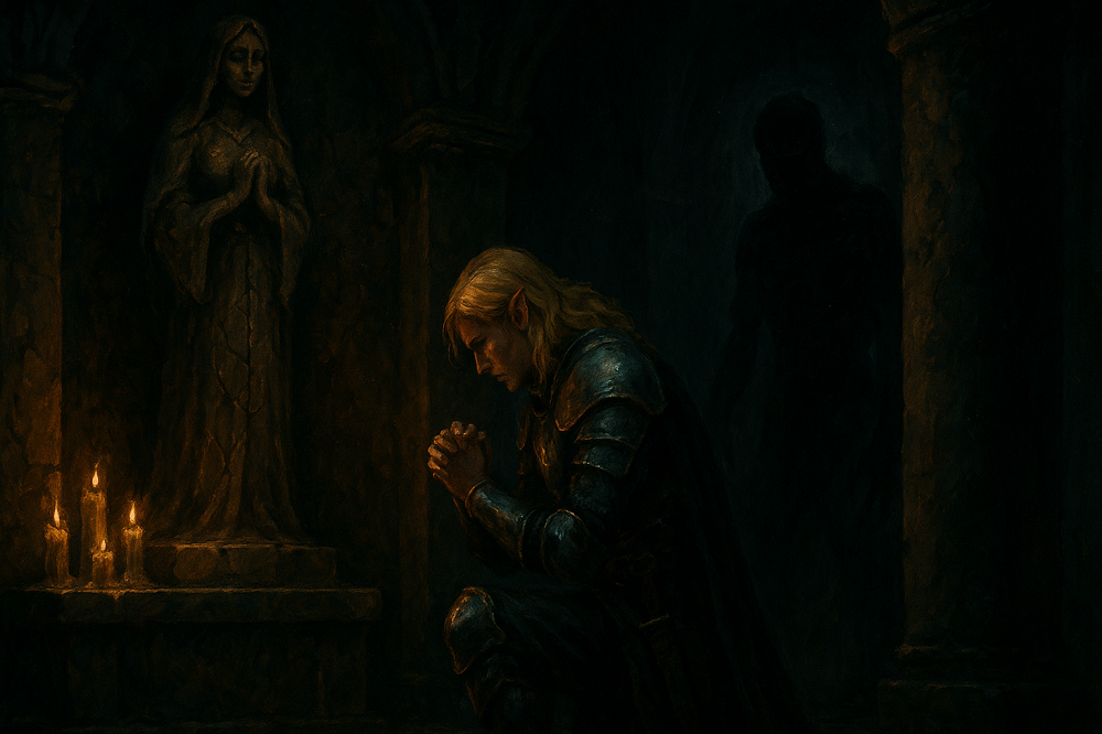 Elgor klęczy w kaplicy Hyrule, a cień przemawia do niego z mroku.