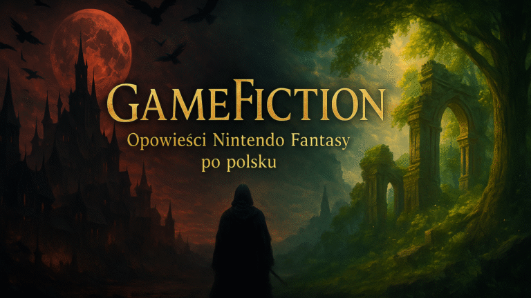 Baner GameFiction – tajemnicza postać między mrocznym miastem a magicznym lasem, symbol dwóch światów fantasy inspirowanych grami Nintendo.