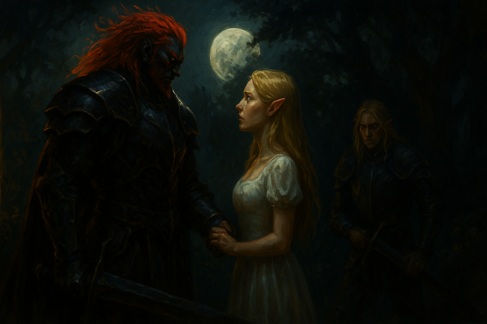 Ganondorf i Hylja rozmawiają w ogrodzie zamku Hyrule, a Elgor ukrywa się w cieniu.