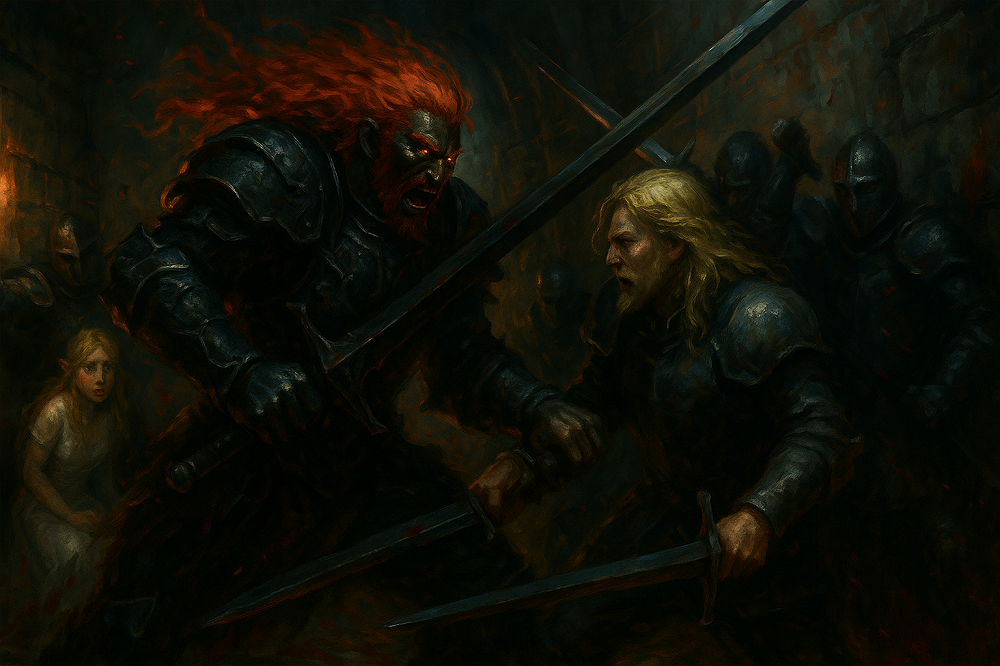 Ganondorf walczy z rycerzami Elgora w korytarzach zamku, Hylja błaga o pokój.