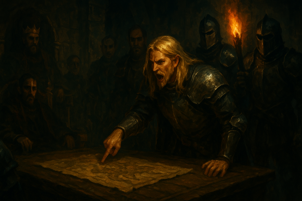 Narada w sali tronowej – Elgor oskarża Ganondorfa, król Hyrule słucha w milczeniu.