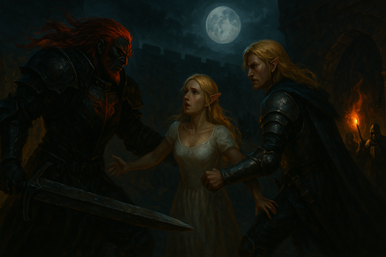 Ganondorf i Elgor walczą na dziedzińcu zamku Hyrule, Hylja próbuje ich rozdzielić.