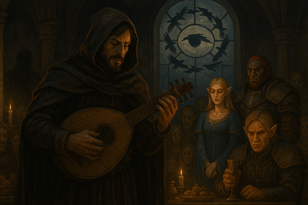 Bard w zamku Hyrule śpiewa pieśń zazdrości, a kruki tworzą w oknie kształt niedomkniętego oka