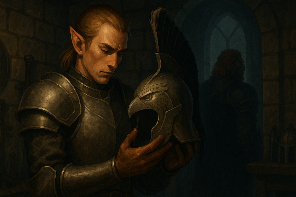 Elgor w zbrojowni zamku Hyrule, w odbiciu hełmu pojawia się cień – symbol rodzącej się zazdrości.