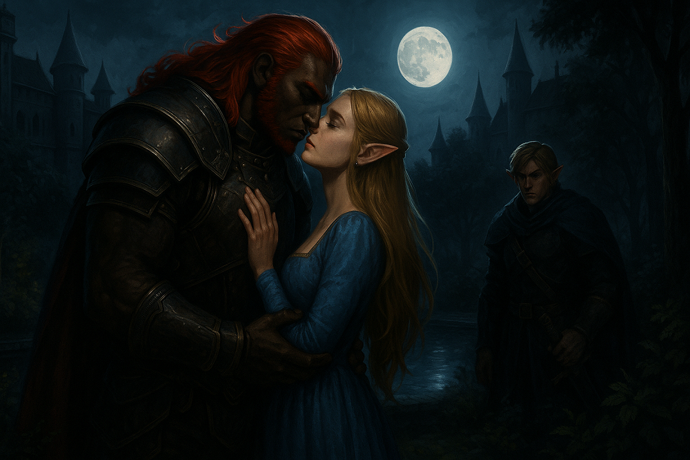 Ganondorf i Hylja w ogrodzie Hyrule wyznają sobie miłość, w cieniu obserwuje ich Elgor