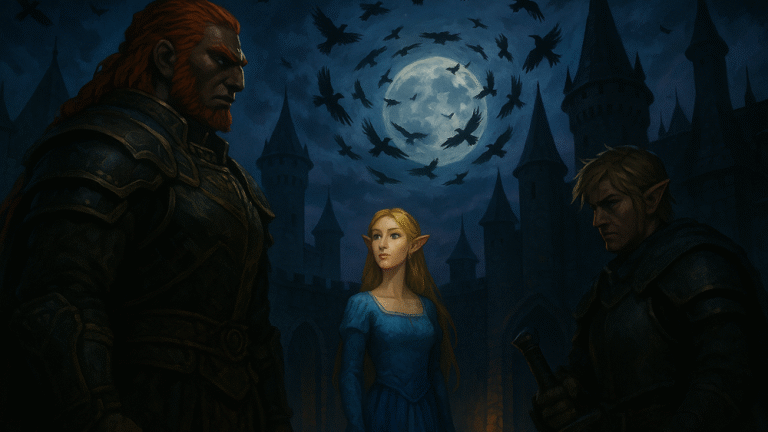 Ganondorf Hyrule, Hylja i Elgor na dziedzińcu zamku, nad którym krążą kruki – symbol pieśni zazdrości i omen nadchodzącej tragedii.