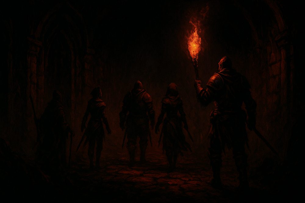 Grupa bohaterów z pochodniami schodzi w mroczny loch – gotyckie RPG o strachu i przetrwaniu.