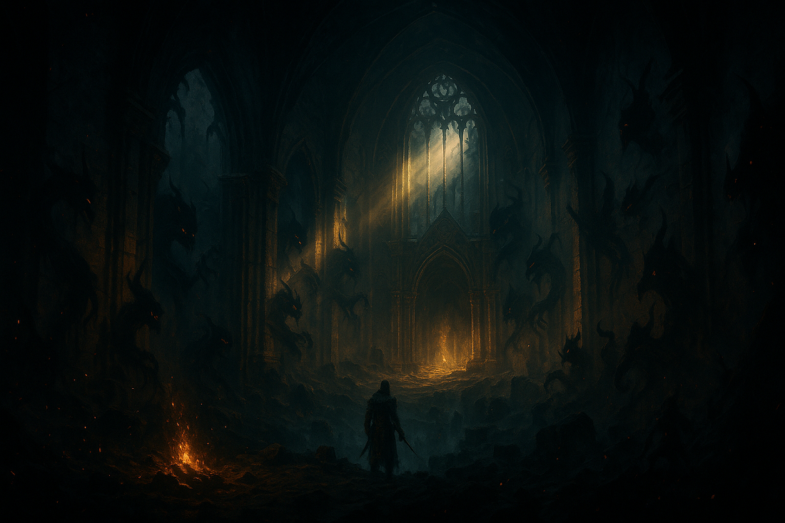 Gotycka katedra rozświetlona przez boskie światło i cienie demonów – mroczne RPG o walce dobra ze złem