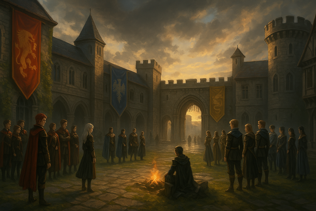 Trzy grupy bohaterów spotykają się na dziedzińcu akademii w pochmurnym Fódlan – taktyczne RPG o moralnych wyborach.