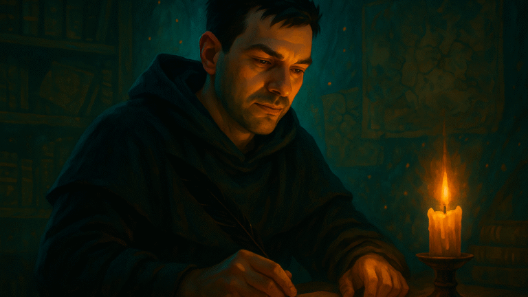 Paweł Grzech jako kronikarz świata GameFiction – artystyczny portret przy świecy, w stylu fantasy.