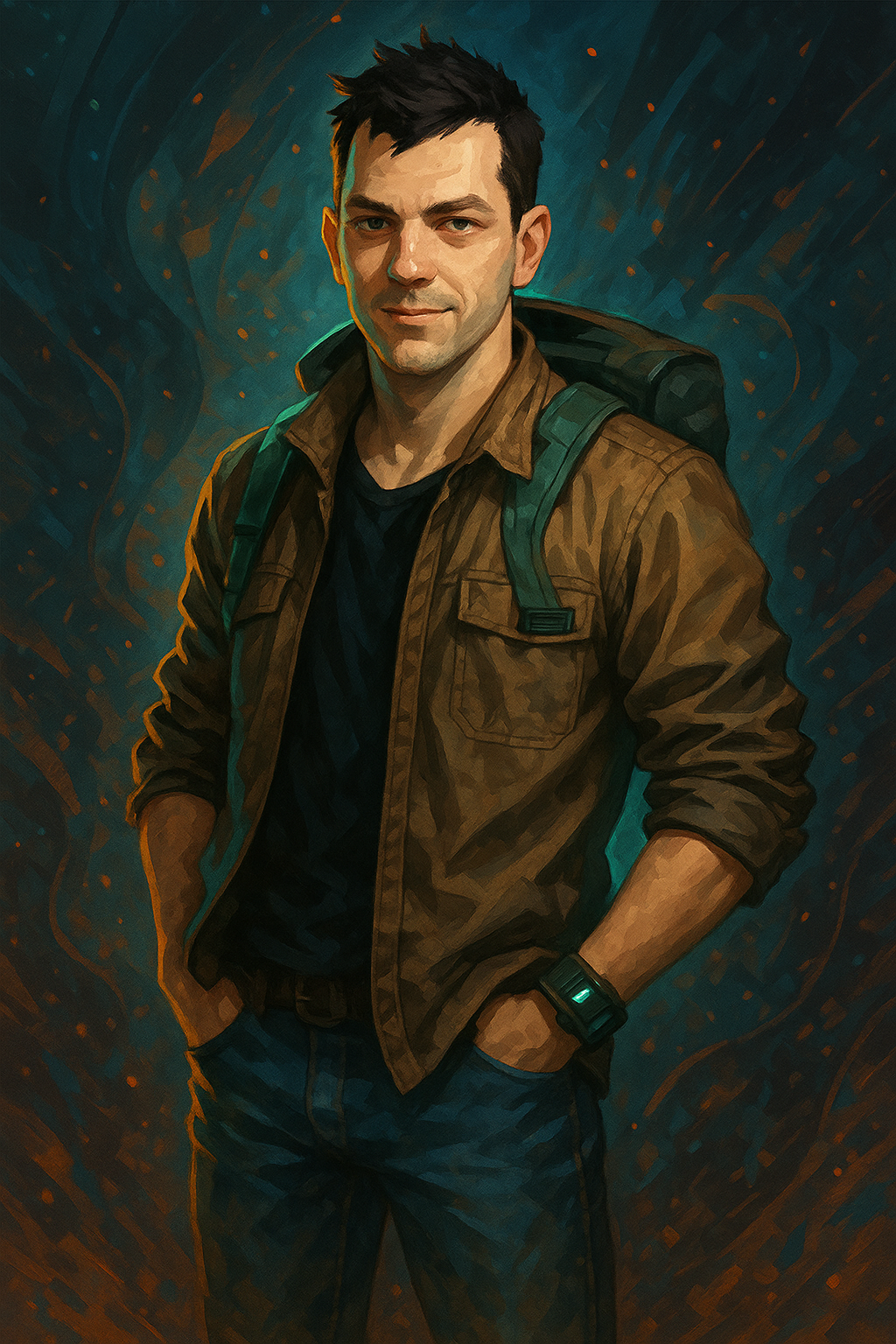 Portret Pawła Grzecha – kronikarza i twórcy GameFiction, w stylu artystycznym inspirowanym światem fantasy.