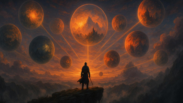 Podróżnik stojący na klifie spogląda na dziesięć światów unoszących się w mglistym niebie – symbol najlepszych gier RPG na Nintendo Switch