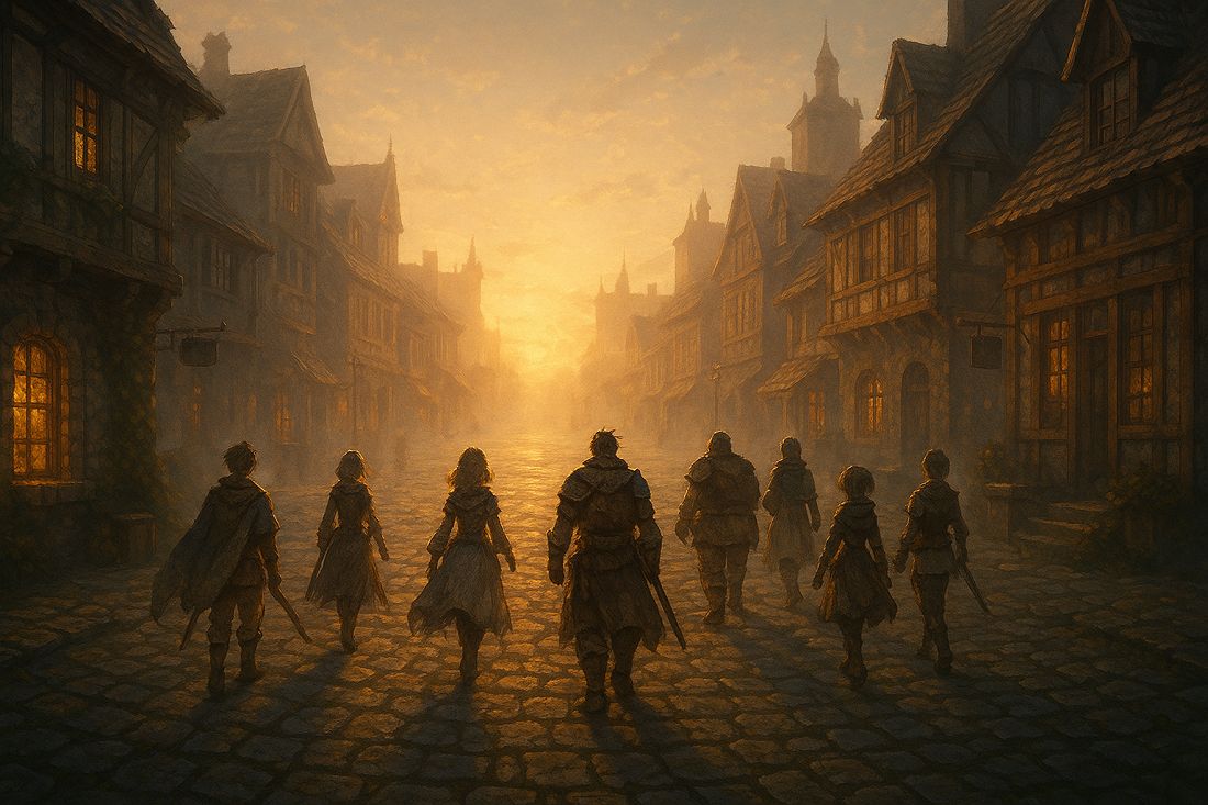 Ośmiu podróżników spotyka się na skrzyżowaniu dróg w świetle wschodzącego słońca – klasyczne JRPG w stylu retro.