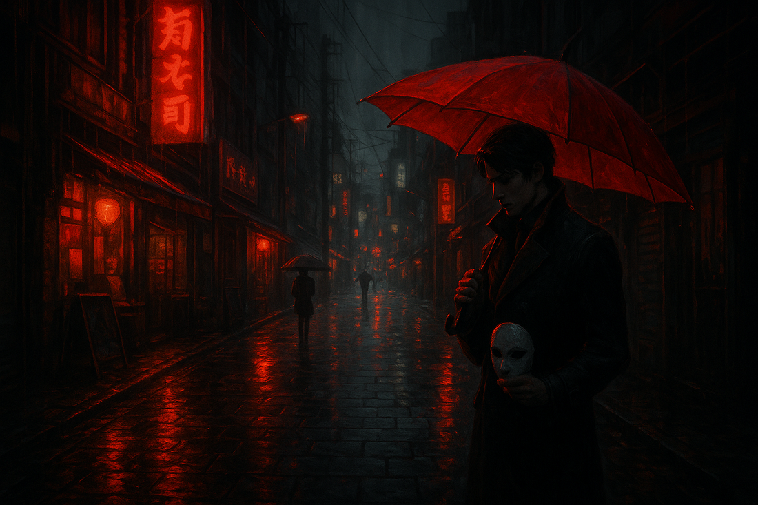 Postać trzymająca maskę w deszczowym Tokio pełnym neonów – psychologiczne JRPG na Nintendo Switch.