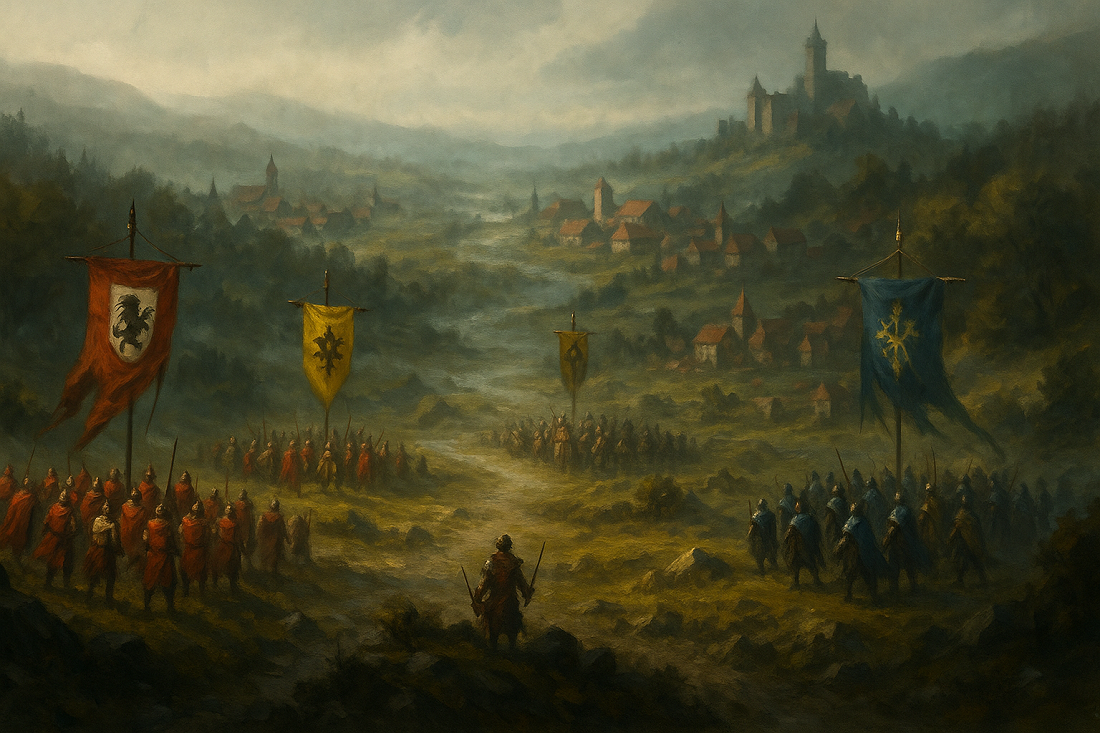 Armie z trzema sztandarami stojące naprzeciw siebie na zamglonym polu bitwy – taktyczne RPG o władzy i lojalności