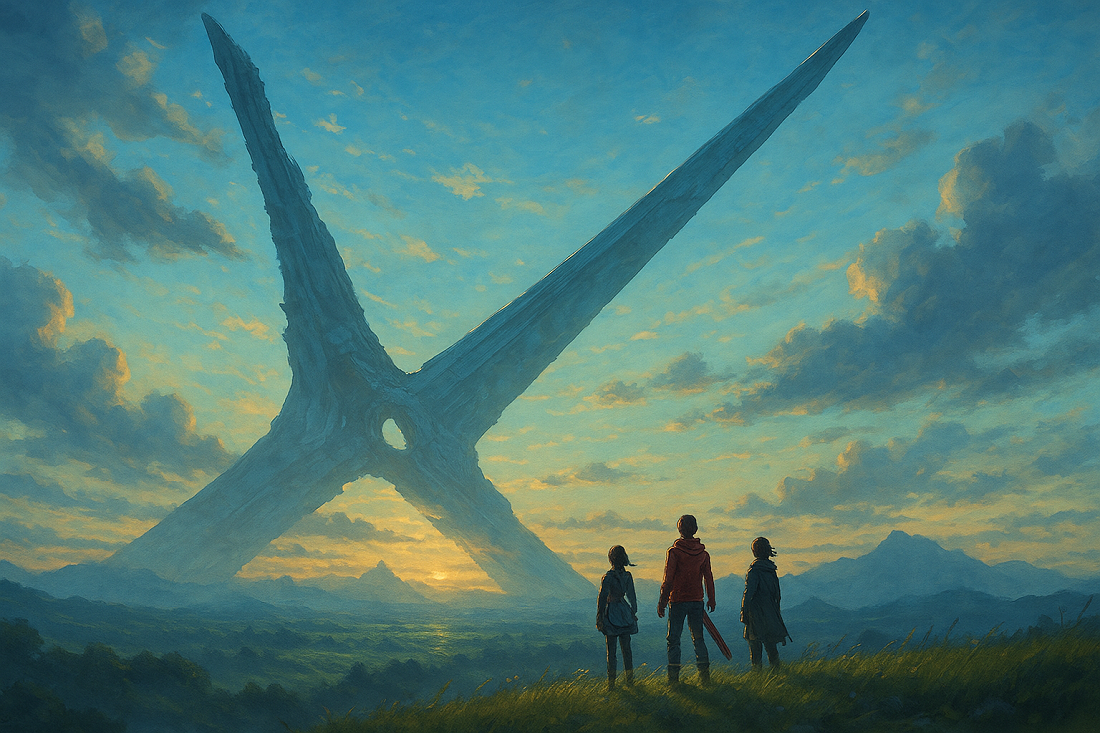 Bohaterowie Xenoblade stoją na wzgórzu pod dwiema zderzonymi kolosalnymi ostrzami – emocjonalne JRPG na Nintendo Switch.