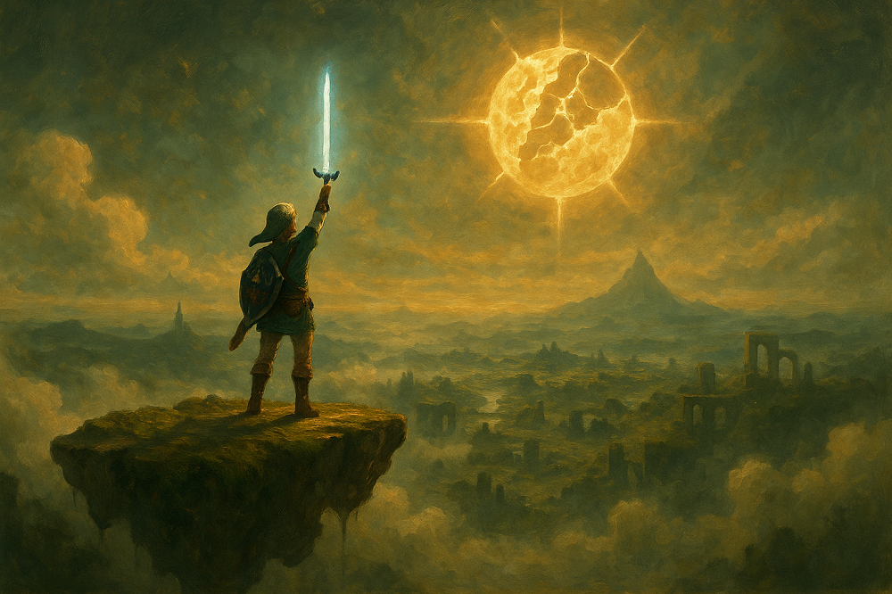 Najlepsze gry fantasy na Nintendo Switch – 10 światów, które pochłoną Cię bez reszty 2 Link na wyspie nad Hyrule – widok ruin i chmur w Tears of the Kingdom (Nintendo Switch).