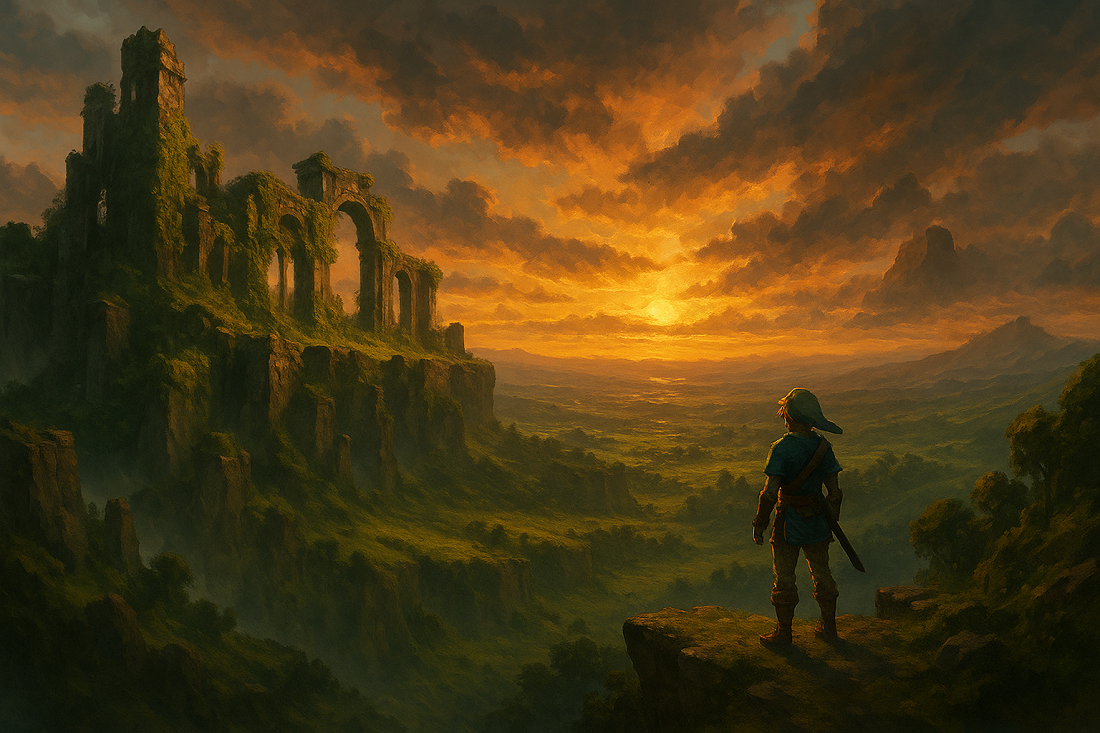 Bohater spogląda z klifu na ruiny Hyrule w złotym świetle zachodu słońca – połączenie akcji i RPG na Nintendo Switch