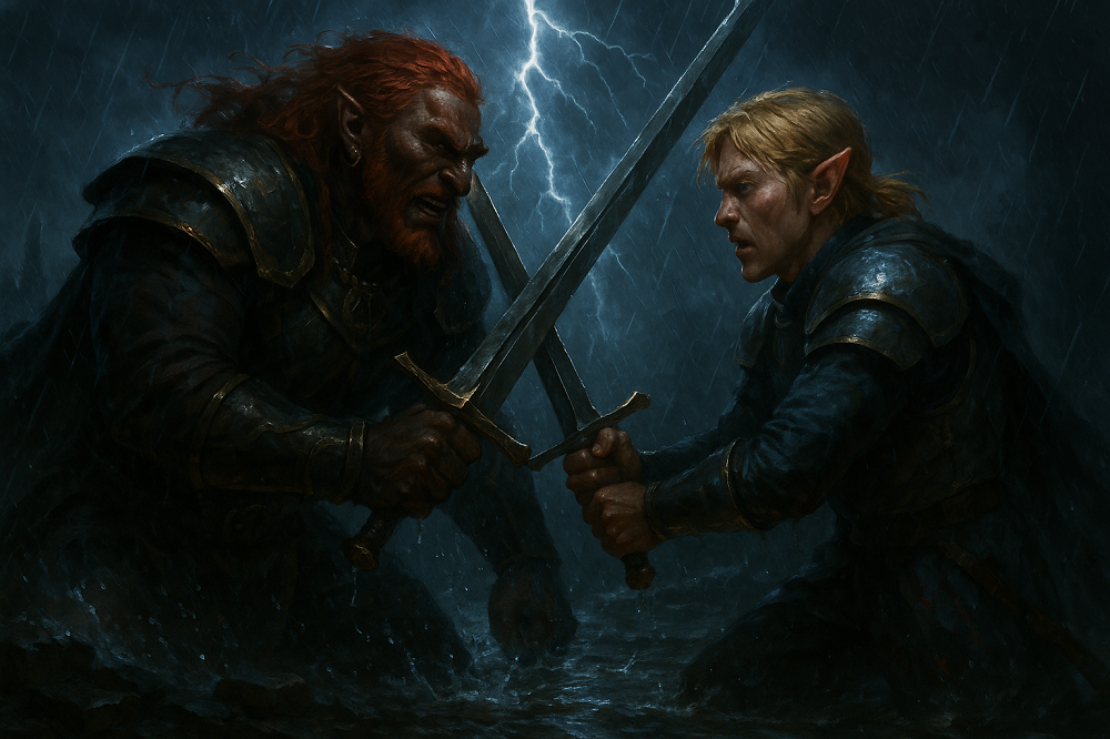 Walka Ganondorfa i Elgora w ogrodach Hyrule