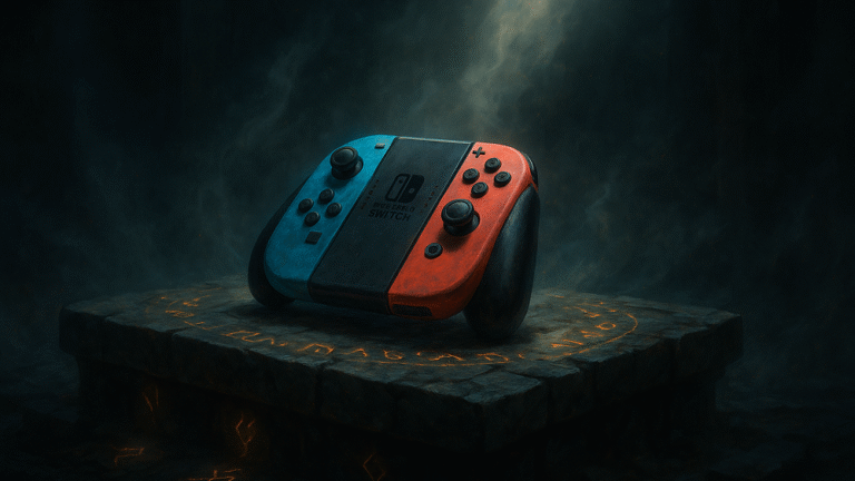 Jak wybrać kontroler do Nintendo Switch – ciemnofantastyczna ilustracja GameFiction, pad Nintendo Switch na kamiennym ołtarzu w świetle run.