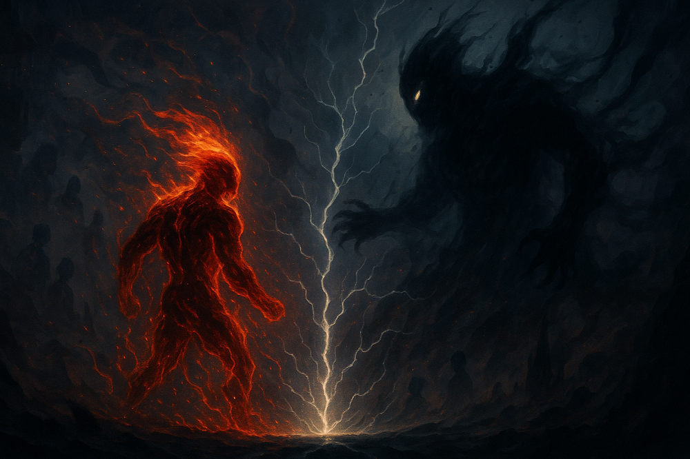 Rozdział VIII: Kraina Popiołów (Opowieść o Ganondorfie) 5 Ganondorf jako sylwetka z czystej woli mierzy się z cienistą formą Malgarosa w surrealnej przestrzeni umysłu pełnej pękniętych wspomnień.