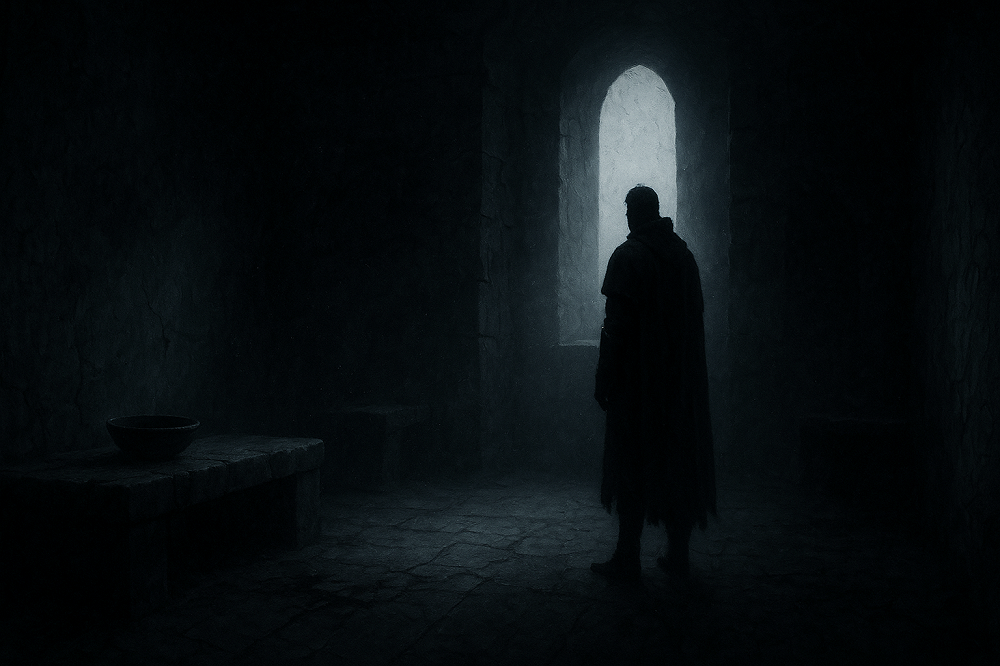 Rozdział VIII: Kraina Popiołów (Opowieść o Ganondorfie) 2 Martwy popielny świt wpadający do kamiennej komnaty, z odległą sylwetką Elgora stojącego w ciszy — mroczna ilustracja fantasy GameFiction