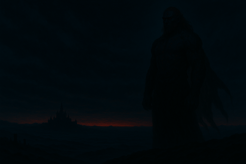 Rozdział VIII: Kraina Popiołów (Opowieść o Ganondorfie) 8 Ganondorf jako półdemon stoi na wzgórzu przed Hyrule, otoczony czerwoną poświatą, podczas gdy królestwo spowija martwa, ciężka noc.