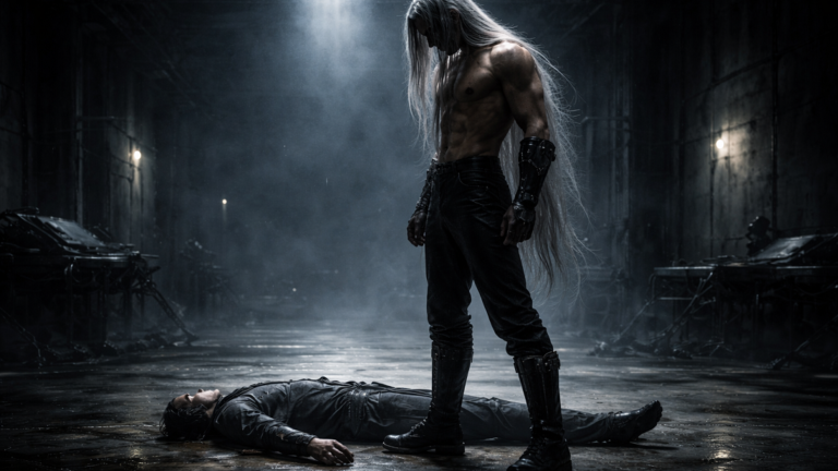 Sephiroth ROZDZIAŁ III - Cisza przed użyciem 1 Sephiroth stoi nad ciałem po pierwszym czynie w rozdziale 3 kroniki Final Fantasy VII