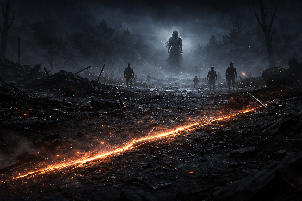 🩸 Sephiroth — Rozdział IV: Legenda, która nie śpi 4 Sephiroth Rozdział IV Legenda która nie śpi pole walki po starciu ślad miecza