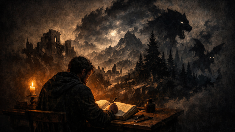 Czym jest GameFiction? 7 Kronikarz zapisujący opowieść przy świecy, którego cień zamienia się w mroczny świat ruin, gór i bestii