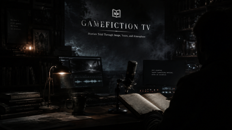 Mroczne studio narracyjne GameFiction TV z mikrofonem, ekranami, otwartym rękopisem i cieniem narratora przy pracy.