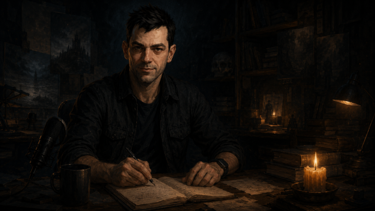 Paweł Grzech jako kronikarz GameFiction przy biurku, z otwartym notatnikiem, mikrofonem, książkami i świecą w mrocznym studiu twórcy