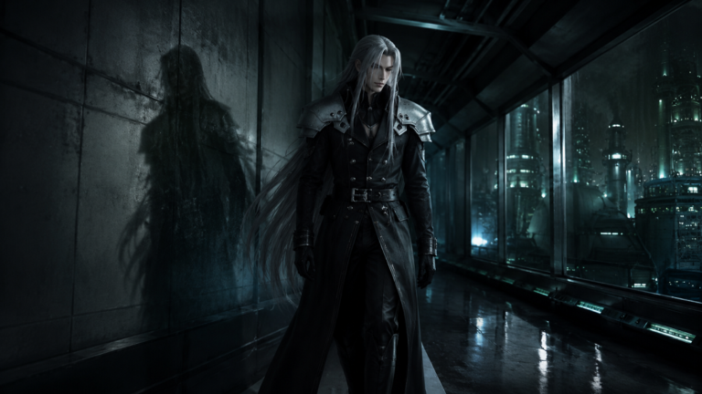 Sephiroth człowiek stworzony w chłodnym korytarzu Shinry z cieniem pękającym za jego plecami