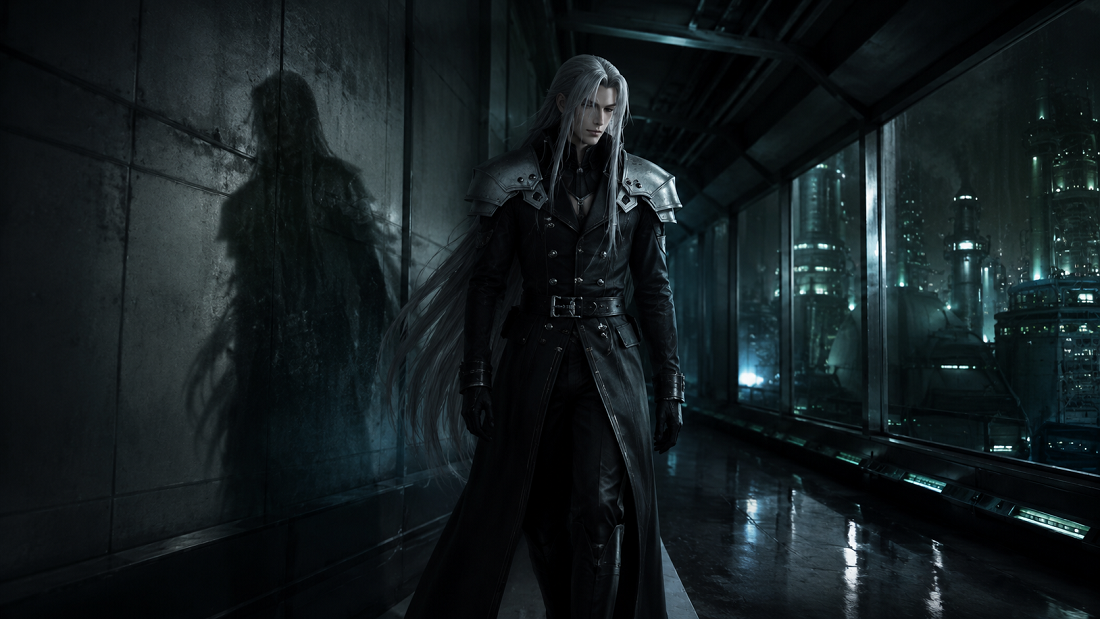 Sephiroth człowiek stworzony w chłodnym korytarzu Shinry z cieniem pękającym za jego plecami