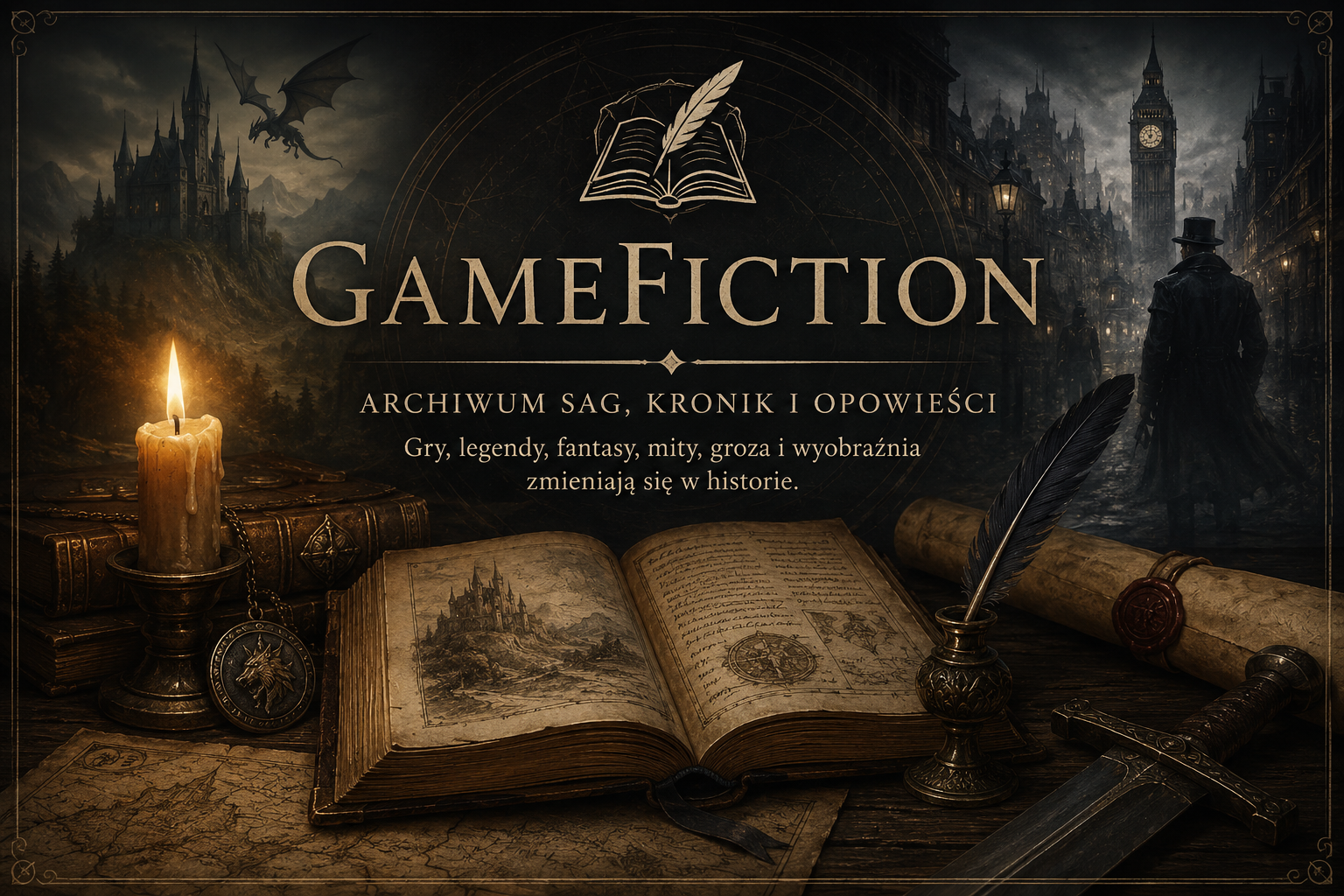 Czym jest GameFiction 2 Czym jest GameFiction – otwarta kronika, pióro, zamek fantasy i mroczny Londyn